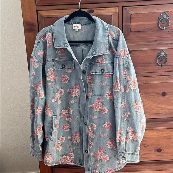 BiBi Jackets & Blazers - BiBi Denim Jacket Shacket with Pink Floral Design NWOT